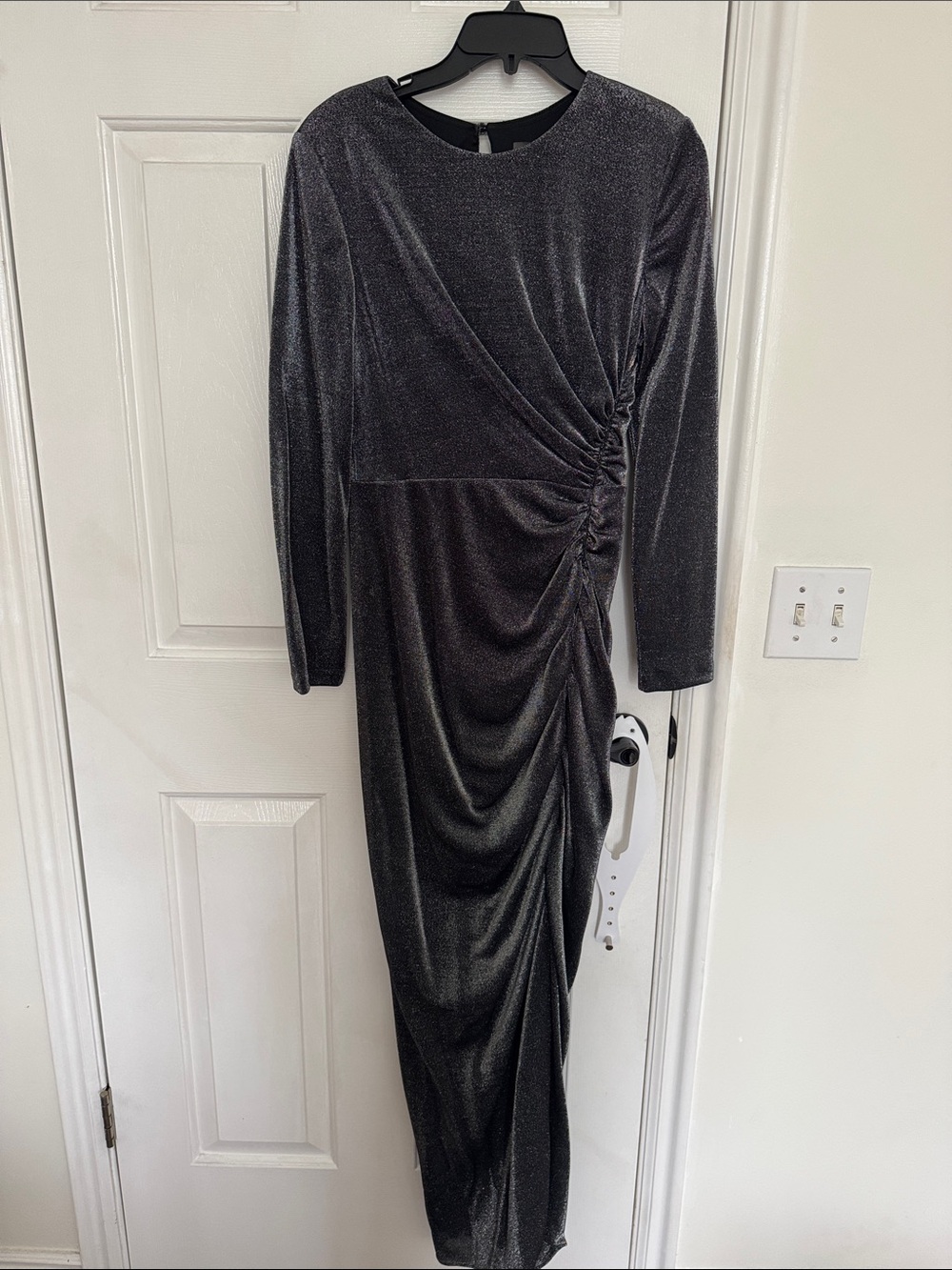 Vince Camuto Charcoal Shimmer Ruched Long Sleeve Midi Dress